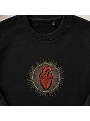 Vintage Kutsal Geometri Anatomik Kalp Nakışlı Bisiklet Yaka Sweatshirt Unisex