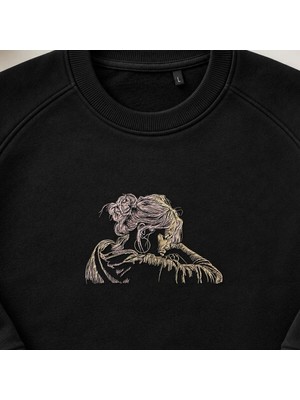 Gotik Yalnız Kadın Portre Nakışlı Bisiklet Yaka Sweatshirt Unisex