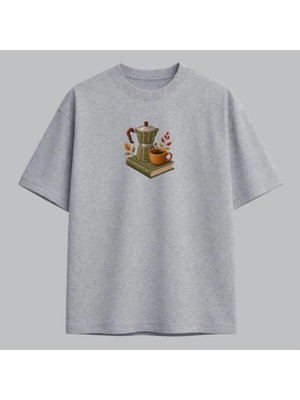 Moka Pot Kahve ve Kitap Tasarımlı Nakışlı Tişört Unisex %100 Pamuk