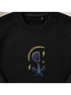 Gökkuşağı Şimşekli Komik Dinozor Nakışlı Bisiklet Yaka Sweatshirt Unisex