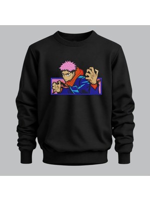 Yuji Itadori Jujutsu Kaisen Anime Nakışlı Bisiklet Yaka Sweatshirt Unisex
