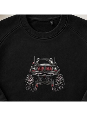Dev Tekerlekli Canavar Kamyon Nakışlı Bisiklet Yaka Sweatshirt Unisex