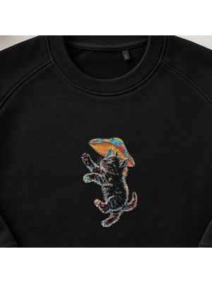 Gökkuşağı Mantarlı Psikedelik Kedi Nakışlı Bisiklet Yaka Sweatshirt Unisex