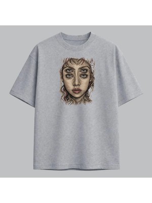 Dört Gözlü Kadın Portre Sürreal Sanat Nakışlı Tişört Unisex %100 Pamuk