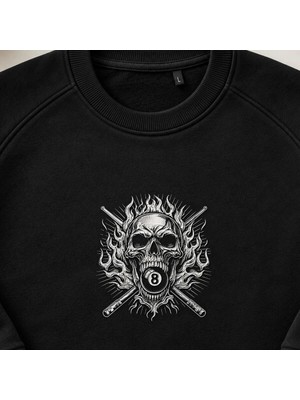 Alevli 8 Top Motorcu Kurukafa Nakışlı Bisiklet Yaka Sweatshirt Unisex