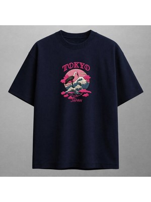 Tokyo Japan Turna ve Büyük Dalga Nakışlı Tişört Unisex %100 Pamuk