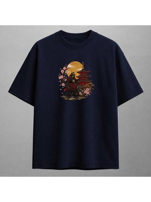 Samuray ve Pagoda Japon Sanatı Nakışlı Tişört Unisex %100 Pamuk
