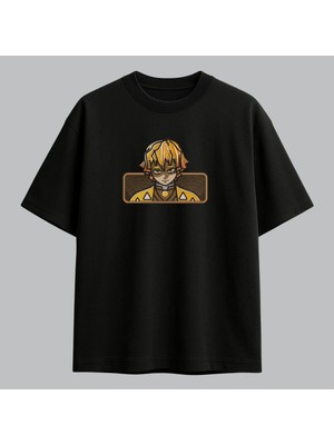 Zenitsu Agatsuma Chibi Demon Slayer Anime Nakışlı Tişört Unisex %100 Pamuk