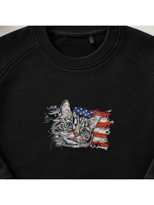 Amerikan Bayraklı Kedi Kafası Nakışlı Bisiklet Yaka Sweatshirt Unisex