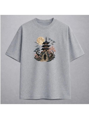 Pagoda Dolunay ve Sakura Japon Sanatı Nakışlı Tişört Unisex %100 Pamuk