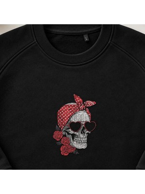 Güllü Pin Up Rockabilly Kurukafa Nakışlı Bisiklet Yaka Sweatshirt Unisex