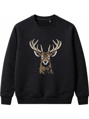 Nakışlı Siyah Şardonsuz Sweatshirt Bisiklet Yaka Unisex Ribanalı Kol ve Etek Günlük Sweatshirt