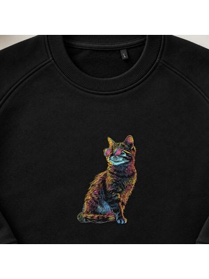 Neon Güneş Gözlüklü Havalı Kedi Nakışlı Bisiklet Yaka Sweatshirt Unisex