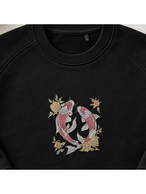 Güllü Yin Yang Japon Koi Balığı Nakışlı Bisiklet Yaka Sweatshirt Unisex