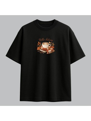 Hello Autumn Sonbahar Kahve Temalı Nakışlı Tişört Unisex %100 Pamuk