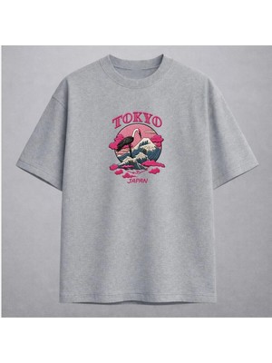 Tokyo Japan Turna ve Büyük Dalga Nakışlı Tişört Unisex %100 Pamuk