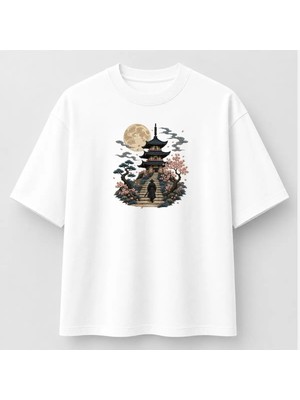 Pagoda Dolunay ve Sakura Japon Sanatı Nakışlı Tişört Unisex %100 Pamuk