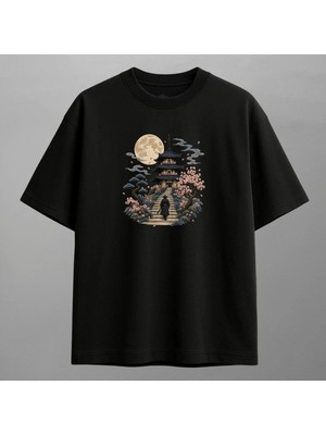 Pagoda Dolunay ve Sakura Japon Sanatı Nakışlı Tişört Unisex %100 Pamuk