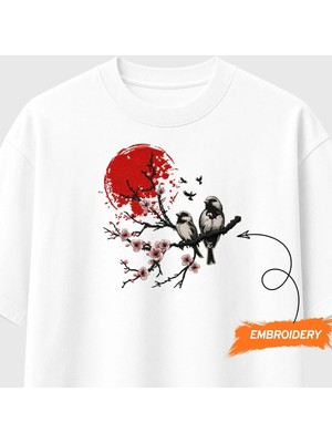 Kızıl Güneş Sakura ve Kuşlar Japon Sanatı Nakışlı Tişört Unisex %100 Pamuk
