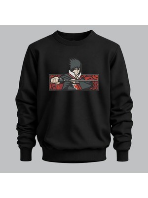 Sasuke Uchiha Naruto Anime Nakışlı Bisiklet Yaka Sweatshirt Unisex