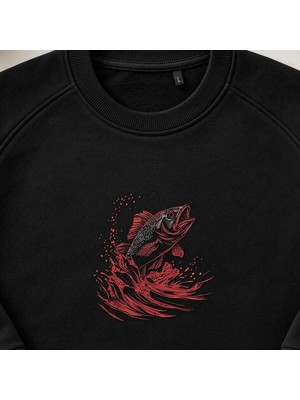 Sıçrayan Levrek Balığı Nakışlı Bisiklet Yaka Sweatshirt Unisex