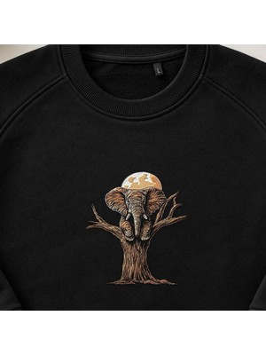 Ay ve Ağaçlı Fil Safari Nakışlı Bisiklet Yaka Sweatshirt Unisex