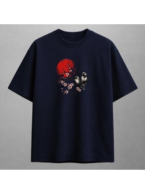 Kızıl Güneş Sakura ve Kuşlar Japon Sanatı Nakışlı Tişört Unisex %100 Pamuk