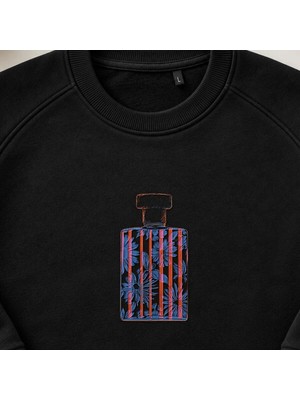 Çiçekli Parfüm Şişesi Nakışlı Bisiklet Yaka Sweatshirt Unisex