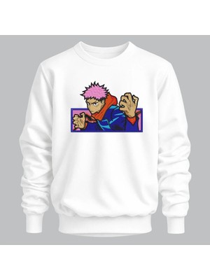 Yuji Itadori Jujutsu Kaisen Anime Nakışlı Bisiklet Yaka Sweatshirt Unisex