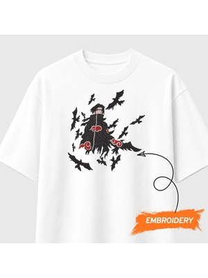 Itachi Uchiha Kuzgun Naruto Anime Nakışlı Tişört Unisex %100 Pamuk