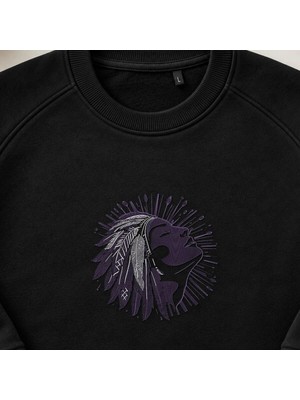 Kızılderili Tüylü Başlık Boho Nakışlı Bisiklet Yaka Sweatshirt Unisex
