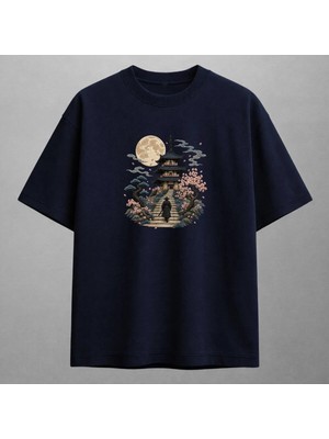 Pagoda Dolunay ve Sakura Japon Sanatı Nakışlı Tişört Unisex %100 Pamuk