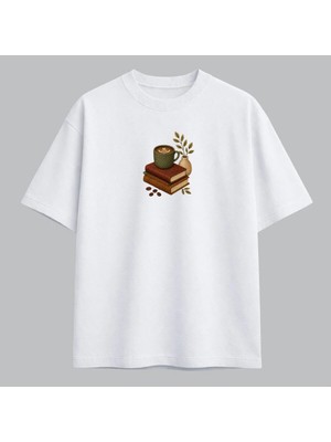 Kahve ve Kitap Tasarımlı Nakışlı Tişört Unisex %100 Pamuk