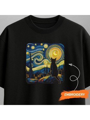 Van Gogh Yıldızlı Gece ve Kedi Nakışlı Tişört Unisex %100 Pamuk