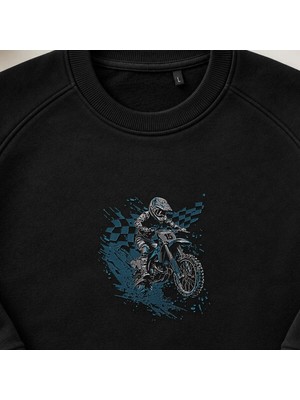 Motokros Yarışçısı Nakışlı Bisiklet Yaka Sweatshirt Unisex