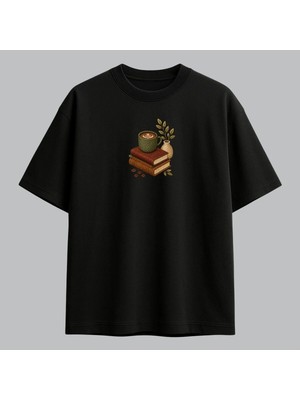 Kahve ve Kitap Tasarımlı Nakışlı Tişört Unisex %100 Pamuk