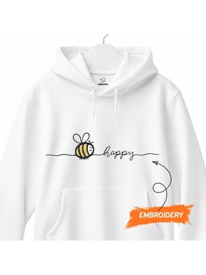 Bee Happy Arı Minimal Yazılı Nakışlı Kapüşonlu Sweatshirt Unisex Hoodie