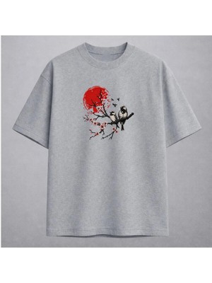 Kızıl Güneş Sakura ve Kuşlar Japon Sanatı Nakışlı Tişört Unisex %100 Pamuk