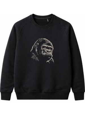 Goril Nakışlı Şardonsuz 3 Iplik Unisex Sweatshirt Siyah