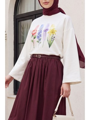 Moda Morfo Çiçek Baskılı Bisiklet Yaka Oversize 2 Iplik Penye Sweatshirt -Ekru
