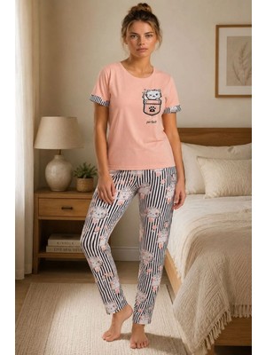 Velizade Kadın Konfor Modeli Rahat Kedi Baskılı Kısa Kollu Bisiklet Yaka Alt Üst Pamuklu Penye Pijama Takımı