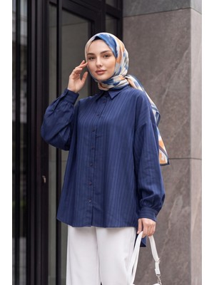 Moda Morfo Arkası Uzun Oval Kesim Düğmeli Oversize Gömlek -Lacivert