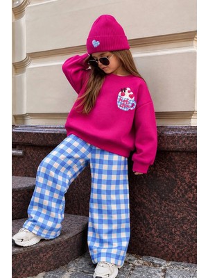 Monila Kız Çocuk Pamuklu 3 Iplik Kumaş Fuşya Sweatshirt ve Mavi Kareli Altlı Alt Üst Takım
