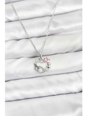 Bin1çeşit Pembe Taş Detaylı Çelenk Kolye 45 cm Çelik Zincir