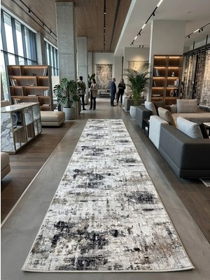 Plato Halı Modern Krem Gümüş Antrasit Desenli Kaymaz Taban Salon Hol, Koridor Mutfak Yıkanabilir Jel Kesme Yolluk