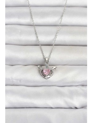 Bin1çeşit Kanatlı Kalp Kolye 45 cm Gümüş Renk Çelik Zincir