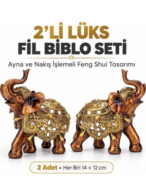 Elifeshop 2'li Premium Ayna Nakış Işlemeli Fil Biblo Seti 14X12 cm Feng Shui Şans Bereket Ev Ofis Hediyesi