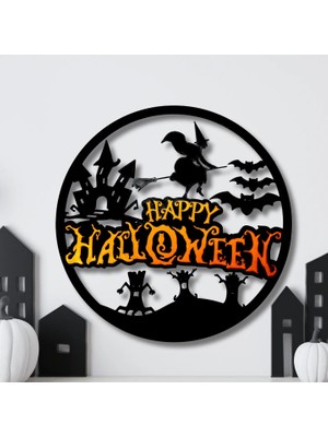 Solmazlar Online 3D Baskı Happy Halloween Yuvarlak Duvar Panosu Cadı Şato Yarasa Silüetli Kapı Süsü Duvar Dekoru Siyah