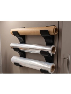 Çelik - Ticaret 3D Baskı Duvara Monte Folyo Streç ve Pişirme Kağıdı Rulo Tutucu Çok Rulolu Mutfak Askısı Siyah