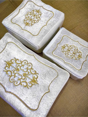 Çelik - Ticaret Çeyizlik Gold Işlemeli Kadife Nişan Hurcu 3lü Nişan Gelin Hurcu, Bohça Gelin Hurç Seti - Krem